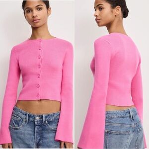 GOOD AMERICAN Pink Button Up Bell Sleeve Knit Cardigan Sweater